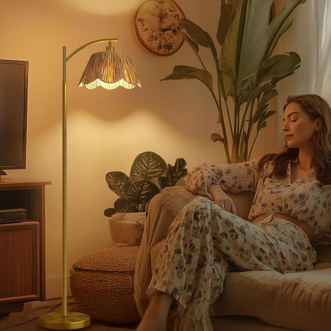 Oneach Arc Floor Lamp for Living Room,Rattan Boho Floor Lamp with Hand-Woven Shade, Foot Switch,Gold Metal Base & Pole,Farmhouse Standing Lamp for Bedroom Corner,Reading