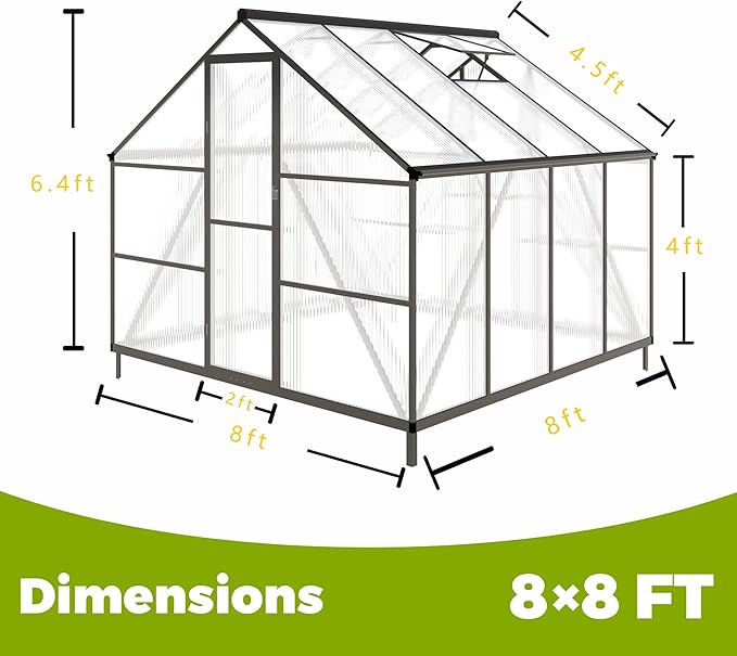 8x8 FT Greenhouses for Outdoors, Polycarbonate Greenhouse with PC Panels, Greenhouses for Outdoors for Yard, Garden, Hobby, Dark Grey