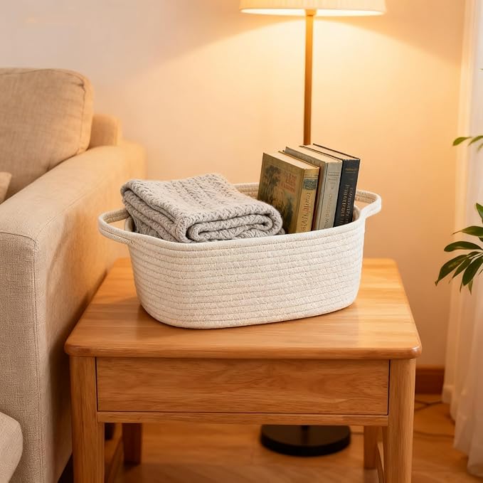 BOMINICA Cotton Rope Storage Basket with Handles, Natural Woven Basket, Decorative Rectangle Organizer Bin for Home, Nursery, Montessori, Pet Toy Storage and Bathroom Organization, White