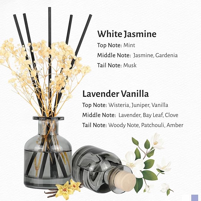 Brakula 2 Pack Reed Diffuser, White Jasmine+Lavender Vanilla (3.38 fl oz Each Pack), Home Fragrance with 12 Sticks, Shelf Decor, Reed diffusers for Home
