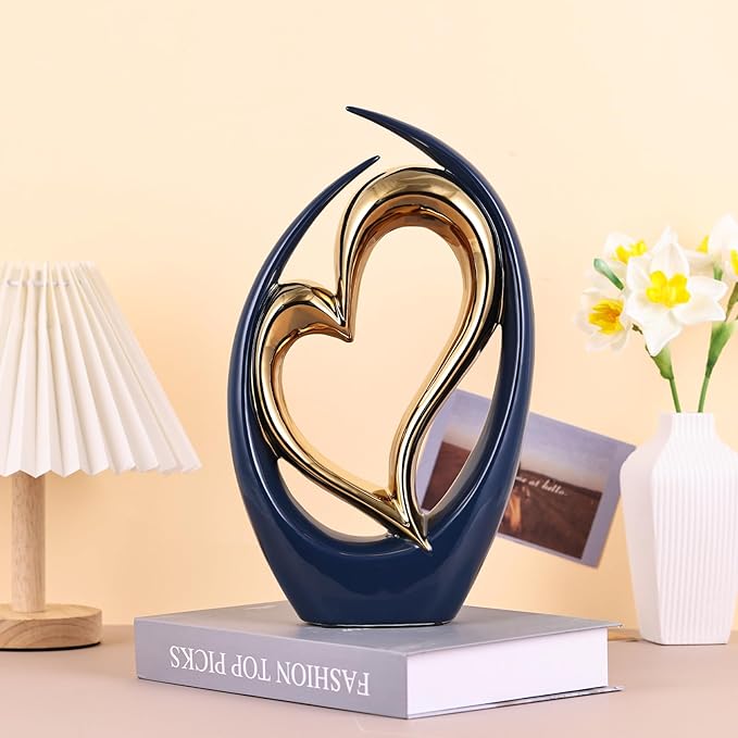 Ceramic Heart Decor Love Statue, Navy Blue Gold Double Hearts Sculptures for Home Table Centerpiece Decor, Valentine, Wedding, Decorative Items for Shelves, Coffee Table Decor (Hug Heart-Tall)