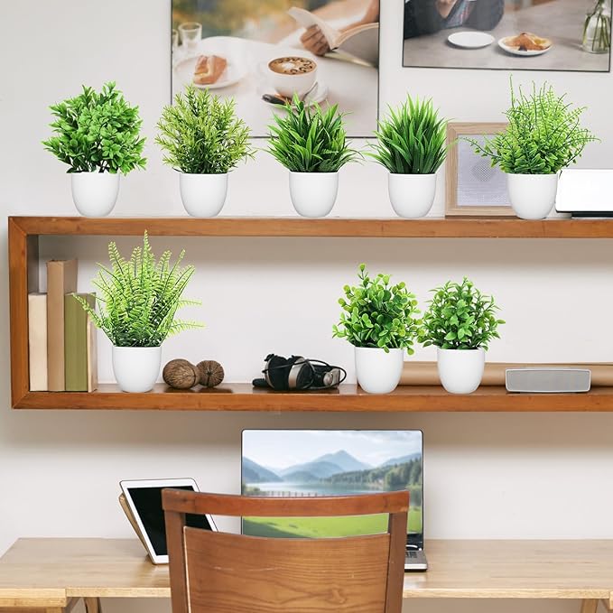 LELEE Artificial Plants Mini Fake Potted Plants, 12 pcs Small Eucalyptus Potted Faux Decorative Grass Plant with White Pot for Home Decor, Indoor, Office, Desk, Shelf, Table Decoration