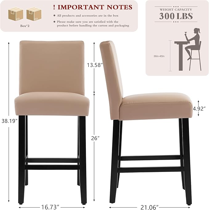 26'' Faux Leather Bar Stools Set of 4, Modern Upholstered Bar Chairs with Back, Soild Wood Legs Barstools for Kitchen Island, Light Brown