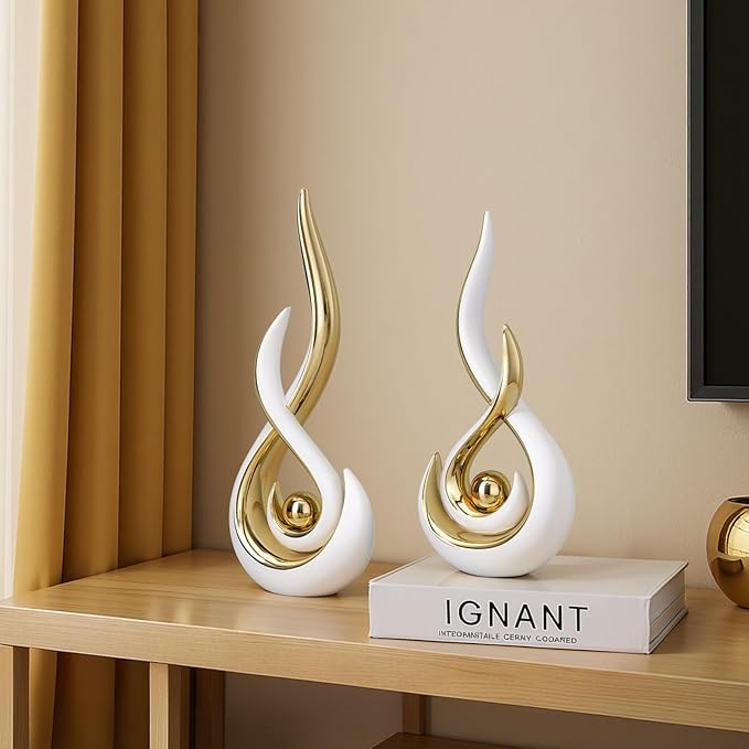 Modern Abstract Art Home Decor Accent,Contemporary Statues Coffee Table Decor for Living Room,Table Centerpieces for Dining Room,Ceramic Sculptures Knick Knacks for TV Stand Show Piece (White Gold)