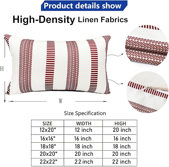 Decorative Throw Pillow Covers Set of 2 Wine Red Boho Striped Pillow Covers 12x20 Inch Throw Pillow Cover Linen Pillowcase Farmhouse Outdoor Pillow Covers for Couch Sofa Bed Living Room