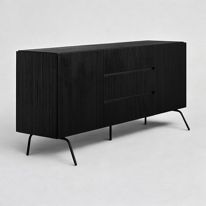 NTC Veil Sideboard with 2 Doors and 3 Drawers, Buffet Cabinet with Vertical Groove Design and Metal Legs, Storage Cabinet for Living Room, and Entryway, Effortless Assembly - Burnt Black