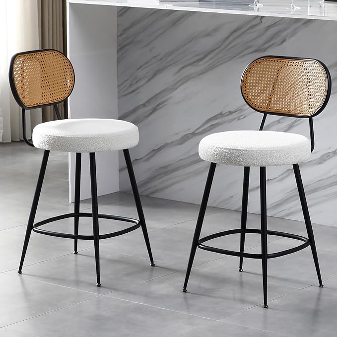 26" Rattan Barstools Set of 2, Counter Height Bar Chair with Black Metal Legs, Modern Armless Sherpa Pub Chair, Adjustable Feetpads Stools for Home Counter, Kitchen Dining Island, Cafe(Beige)