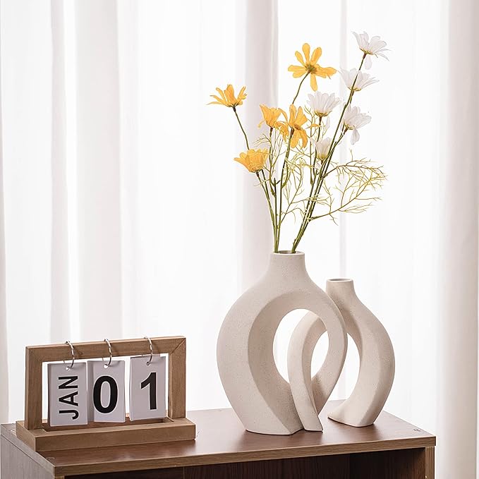 Off White Hollow Ceramic Vase Set of 2, Round Modern Vase for Nordic Minimalist Book Style Shelf Decor, Donut Boho Aesthetic Vases for Trendy Home Living Room Entryway Coffee Table Decorative