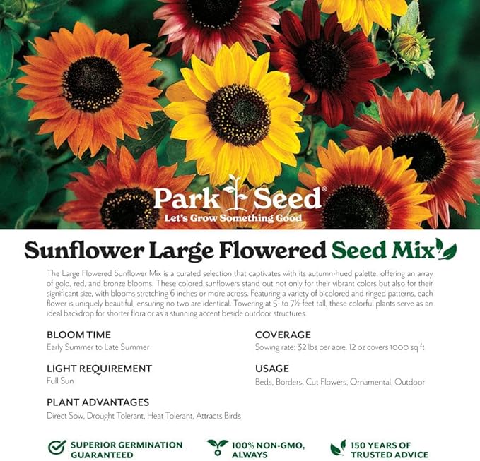 Park Seed Grow Your Own Vibrant Annual and Perennial Wildflower Garden Seeds Mixture, Easy to Grow Varieties for Pollinators and Spring Gardens - Large Colored Sunflower Mix, 5 lbs
