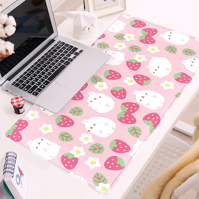 Pink Kawaii Desk Mat, Strawberry Field Desk Pad Large, Extended Mouse Pad Cute, XXL Laptop Computer Keyboard Mat Desktop Mouse Mat, Gaming Computer Pad Women Desk Decor Accessories 31.5"x15.75"