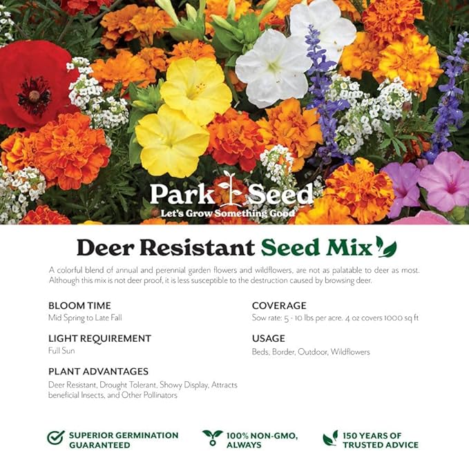 Park Seed Grow Your Own Vibrant Annual and Perennial Wildflower Garden Seed Mixture, Easy to Grow Varieties for Pollinators and Spring Gardens - Deer Resistant Mix, 5 lbs