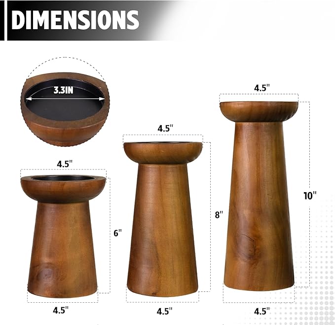 Pillar Candle Holders Set of 3， Wooden Candle Holders， Decorative Wood Candlestick Holders for Living Room, Table Centerpiece for Wedding, Christmas, Party, Home - 6", 8", 10"