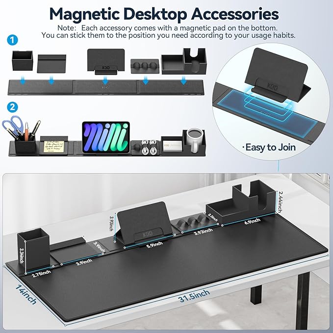 KDD Desk Pad Mat Set, 6 in 1 Mouse Mat with Magnetic Desktop Storage Accessories DIY Feature for Phone and Tablet Stand/Cup Holder/Pen Card Holder/Cable Management for Home Office Accessories