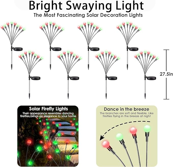 OZS 6Pack Total 48LED Solar Garden Lights Christmas Fairy Outdoor - Solar Firefly Lights Fairy Outdoor, Sway by Wind, Waterproof for Pathway Patio Yard Christmas Decorations(Red&Green)