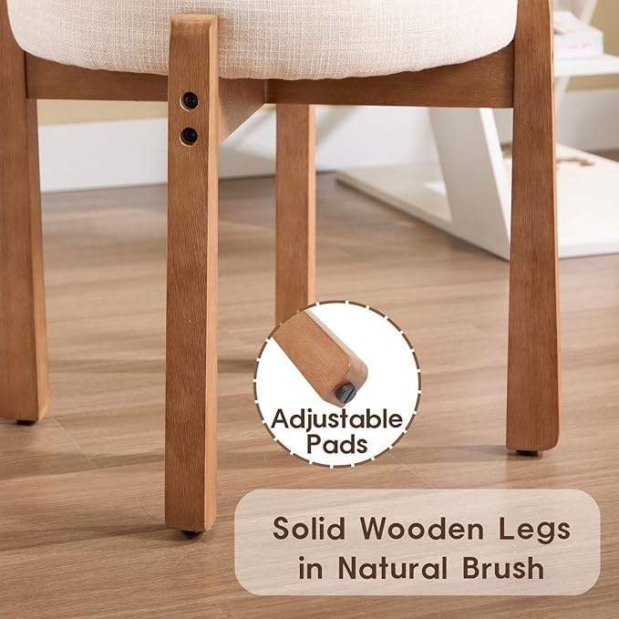 LukeAlon Cute Linen Upholstered Vanity Stool, Round Comfy Makeup Stool with Wooden Legs Small Ottoman Chair Mid Century Modern Padded Seat Footrest for Makeup Room Cloakroom Bedroom, Beige