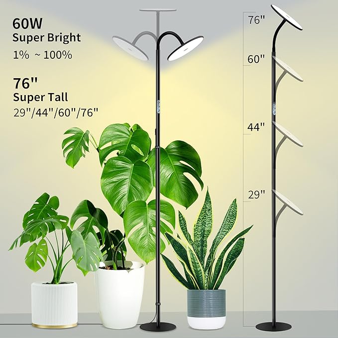 chiphy Grow Lamp, 60W Full Spectrum Grow Lights for Indoor Plants, 4/8/12H Timer, 2300K-6500K, 10 Dimmable Brigntness, 76'' Height Adjustable, Remote Control, Ideal for Tall Large Plants