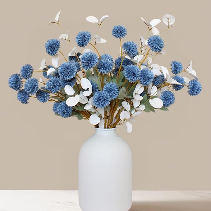 Faux Dusty Blue Flowers, Blue and White Floral Stems For Centerpieces, Fake Mums Artificial Flowers, Flores Azules Artificiales Para Decoracion, Long Stems For Vases, DIY Silk Floral Arrangements