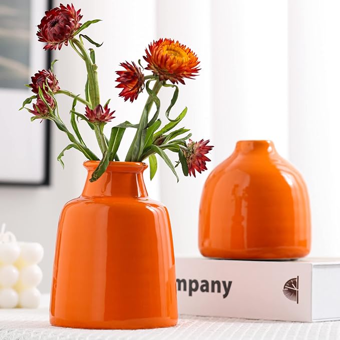 Small Vase Set of 3 for Modern Home Decor,Ceramic Vases for Centerpieces Flower Vases for Living Room Wedding/Dinner Table/Party -Orange