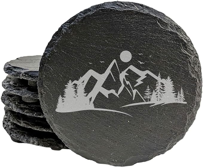 Mountain Majesty Slate Coasters with Stunning Mountain Scene Design - Perfect for Home and Office Decor and Protection of Surfaces, Available in Square or Round Coasters - Round Slate - Set of 5