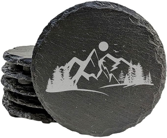 Mountain Majesty Slate Coasters with Stunning Mountain Scene Design - Perfect for Home and Office Decor and Protection of Surfaces, Available in Square or Round Coasters - Round Slate - Set of 5