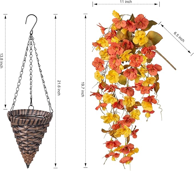 Artificial Fake Fall Hanging Flowers Baskets for Outdoor Decoration, Faux Silk Hibiscus Long Vines in Planter Realistic Flower Plants for Outside Home Porch Patio Garden (Fall YellowOrange)
