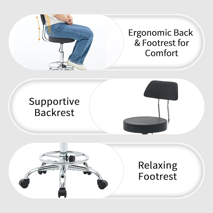 Office Chair with Back (Adjustable Height Posture Stool 19.5"-26.6")(Drafting Chair on Wheels) Work Stool with Footrest (Black)