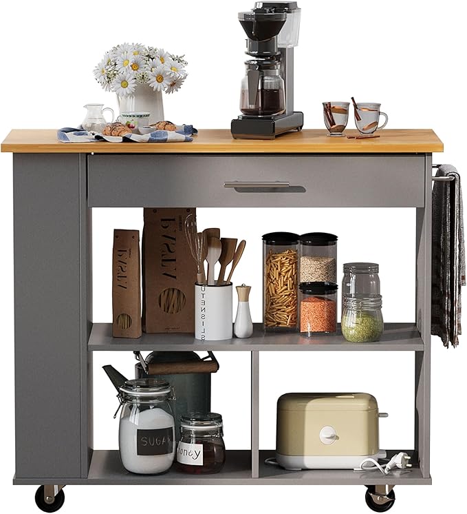 Shintenchi Kitchen Island on Wheels with Storage, Wheeled Island & Cart with 3-Tier Spice Rack, 3 Open Shelves and 1 Drawer, Gray