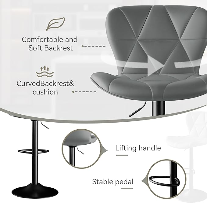 Bar Stools Set of 6,Adjustable Swivel Barstools, Faux Leather Bar Chairs,Upholstered Counter Height with High Backrest for Kitchen Island, Grey