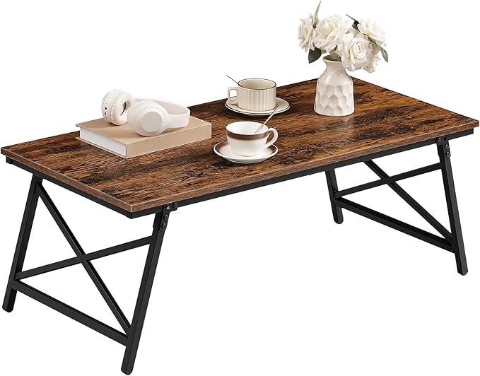 41.3" Folding Coffee Table with Safety Buckles, Low Coffee Table, Portable Floor Table, for Sitting on The Floor, for Living Room, Bedroom, Balcony, Caravan, Rustic Brown and Black TKF01BF