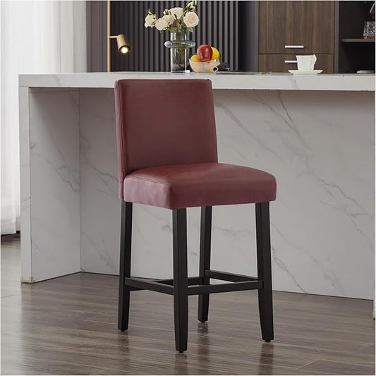 26'' Faux Leather Bar Stools, Modern Upholstered Bar Chairs with Back, Soild Wood Legs Barstools for Kitchen Island, Red
