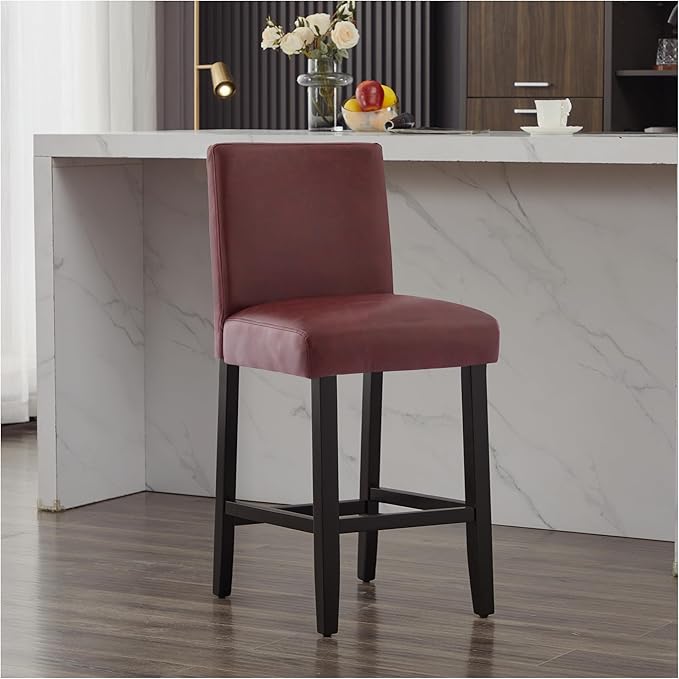 26'' Faux Leather Bar Stools Set of 2, Modern Upholstered Bar Chairs with Back, Soild Wood Legs Barstools for Kitchen Island, Red