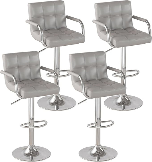 Modern PU Leather Bar Stools Set of 4, Adjustable Swivel Square Bar Chairs, Counter Height Barstools with Arms and Large Base for Island/Kitchen(Gray)