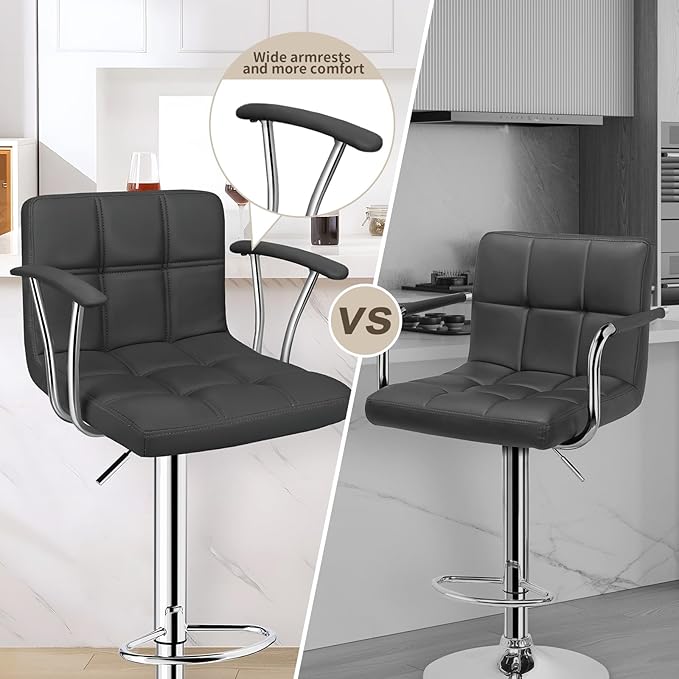 Bar Stools Set of 2,Armrest Adjustable Swivel Barstools with Back,Double Needle PU Leather Counter Height Bar Stools for Kitchen Island, Grey