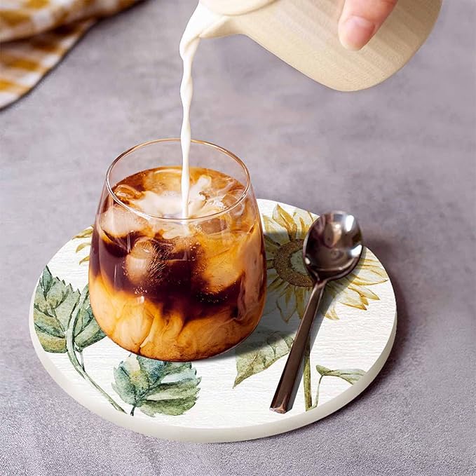 Yellow Sunflower Coasters for Coffee Table Bright Color Flowers Botanical Floral Nature Beauty Blossom Sketch Housewarming Presents for Women Men Home Decor Office Kitchen Living Room 2 Pcs