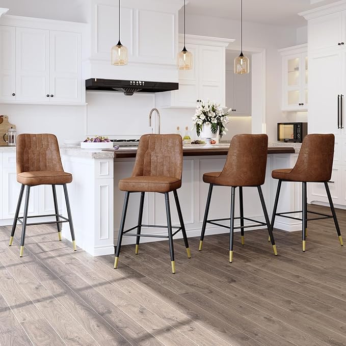 Counter Height Bar Stools Set of 2,Modern Bar Stools Set of 2,Brown Faux Leather Barstools with Back and Footrest,27" Bar Chairs for Kitchen Island,Cafe,Pub,Bar,Dining Room,Hold Up to 500 LBS