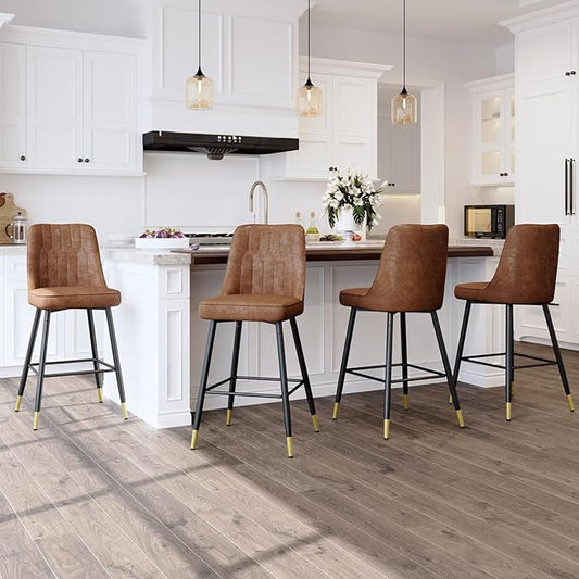 Counter Height Bar Stools Set of 4,27" Modern Bar Stools with Back,Upholstered Counter Height Bar Stool with Sturdy Metal Footrest,Kitchen Island Chairs for Home Pub (Brown,4)