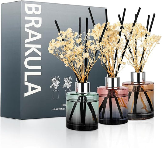 Brakula 3 Pack Reed Diffuser, Oil Diffuser Sticks, Fresh Linen, White Jasmine, Lavender Vanilla (4 fl oz Each Pack), Home Fragrance with 18 Sticks, Bathroom Decor, Reed diffusers for Home