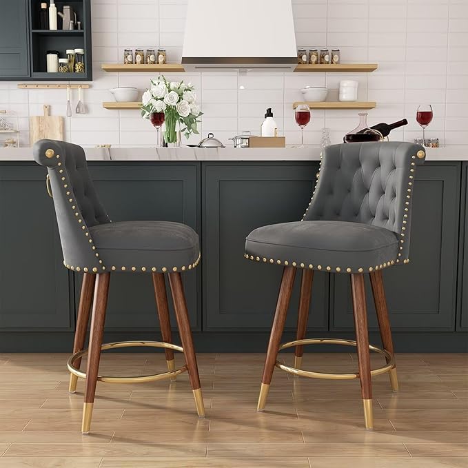 24" Counter Height Bar Stools Set of 4, Swivel Counter Stools with Back, Upholstered Velvet Stools for Kitchen Counter with Wood Legs, Fabric in Gray