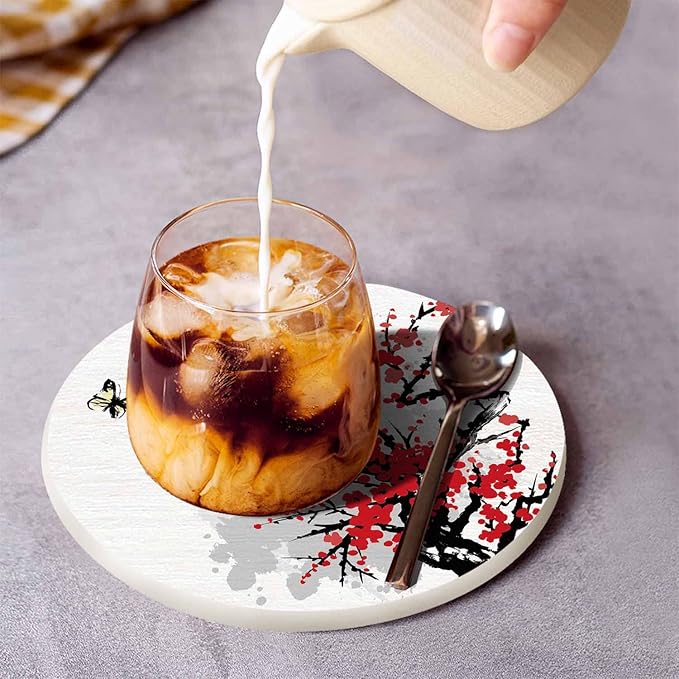 Cherry Branch Drink Coasters Modern Foliage Butterfly China Classic Blossoming Oriental Ink Culture Housewarming Presentss for New Home Present for Friends,2 Pcs,4 X 4 X 0.35 Inches