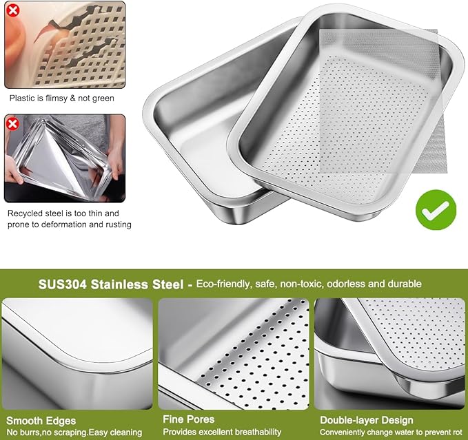 FANHAO 2-Pack Sprouting Tray Kit, Stainless Steel Soil-Free Cultivation Germination Tray, Healthy Wheatgrass Grower Sprouting Container Kit Nursery Tray for Indoors Plant Seedlings