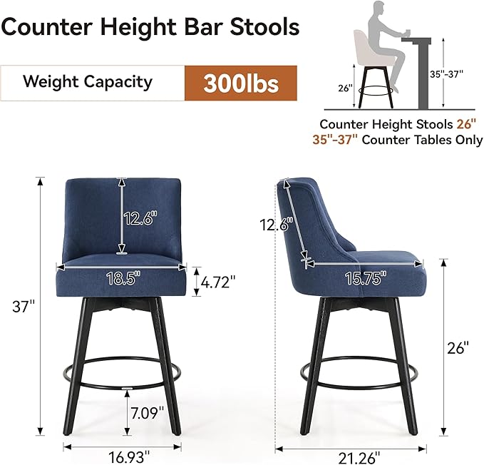 Vipbear Counter Height Bar Stools Set of 4, 26" H Swivel Bar Stools with Backs, Linen Fabric Upholstered Bar Chairs with Solid Wood Legs for Kitchen Island, Dining Room, Home Bar, Deep Blue