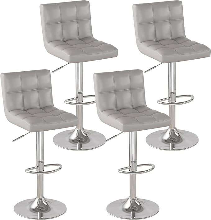 Modern PU Leather Bar Stools Set of 4, Adjustable Swivel Square Bar Chairs, Armless Counter Height Barstools with Back and Large Base for Island/Kitchen(Gray)