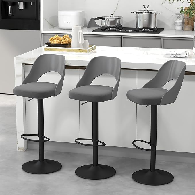 civama Bar Stools Set of 3 for Kitchen Counter, Seat Height Adjustable 25''-33'', Modern Upholstered Swivel Island Chairs with Hollow Backrest Metal Base, Grey
