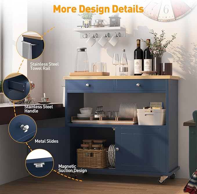 Rolling Kitchen Island with Storage Cabinet, 35.4'' Width Kitchen Cart, 2 Drawers Island Table, Portable Mobile Kitchen Island with Towel Rack, Wood Top and Lockable Wheels, Blue