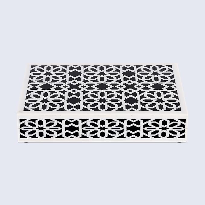 Handicrafts Home Small Decorative Box with Lid – 6x8x1.5” Trinket, Remote Control & Keepsake Memory Box, Decorative Accent for Coffee Table, Shelf, Mantle & Boho Home Decor Shiraz- Black White