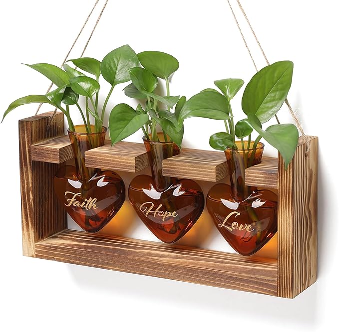Plant Terrarium Propagation Stations Faith Hope Love Hydroponics Home Garden Decoration Gift for Women with Wooden Stand Heart Shaped Colored Glass Vase