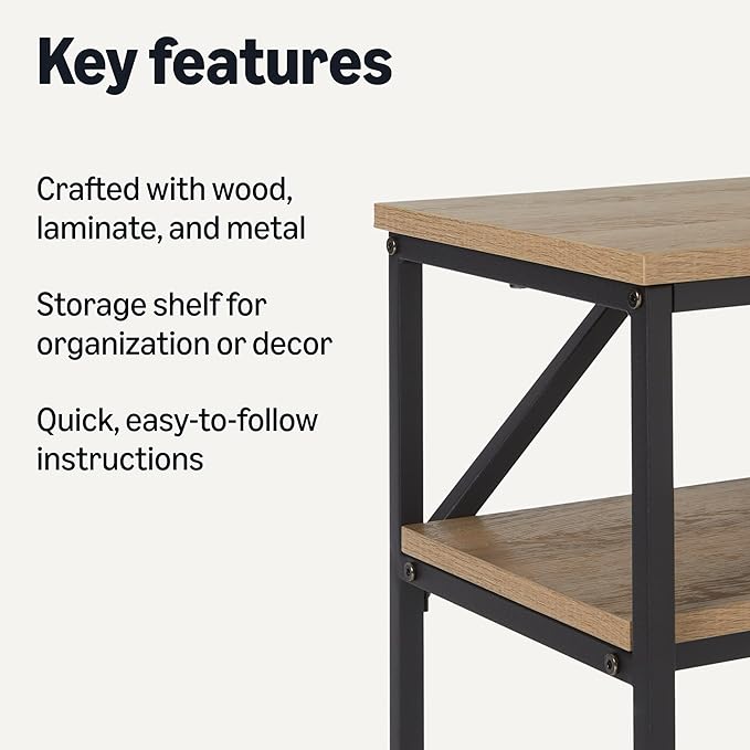 Amazon Basics Rectangular Console Table with Storage Shelf, Steel Frame, 11.8" D x 39.4" W x 31.5" H, Oak Finish