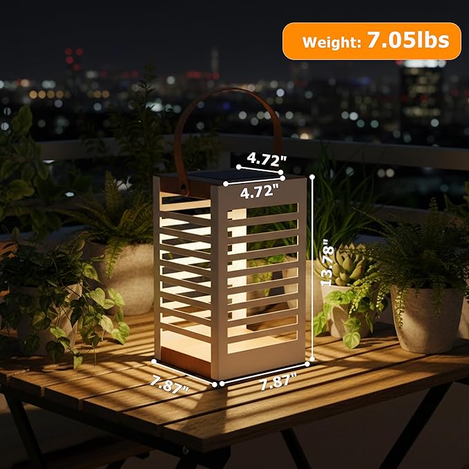 Solar Lantern with Handle - Outdoor Metal Solar Light (7.87×13.78"), Waterproof & Rustproof, 8H Auto-On Warm White Light, Portable for Patio, Porch, Balcony & Garden Decor (Single Pack, White)