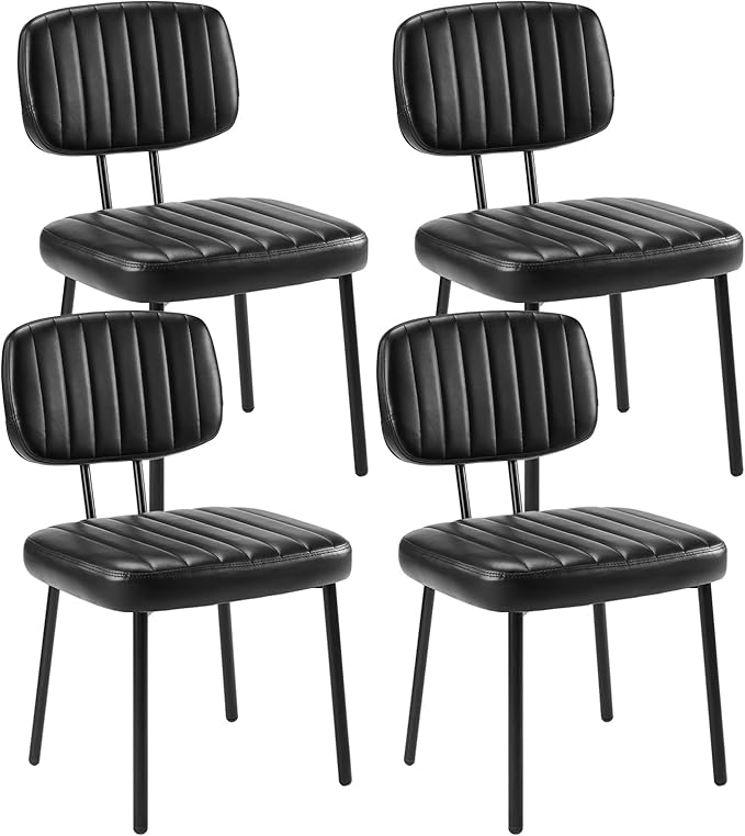 DUMOS Dining Chairs Set of 4, Upholstered Mid-Century PU Leather Accent Chair with Backrest and Metal Legs for Kitchen, Living Room, Black