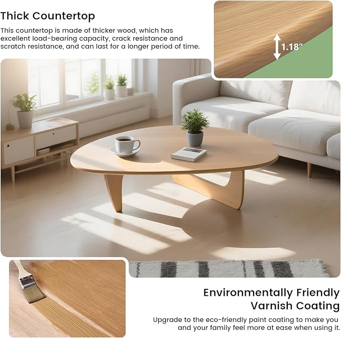 Solid Wooden Modern Triangle Coffee Table: Unique Funky Coffee Tables for Living Room, Oval Mid-Century Irregular Abstract Tea Tables for Patio Office Balcony Bedroom (Natural, 35" L x 24" W x 16" H)